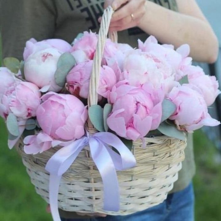 15 пионов в корзине в Челябинске